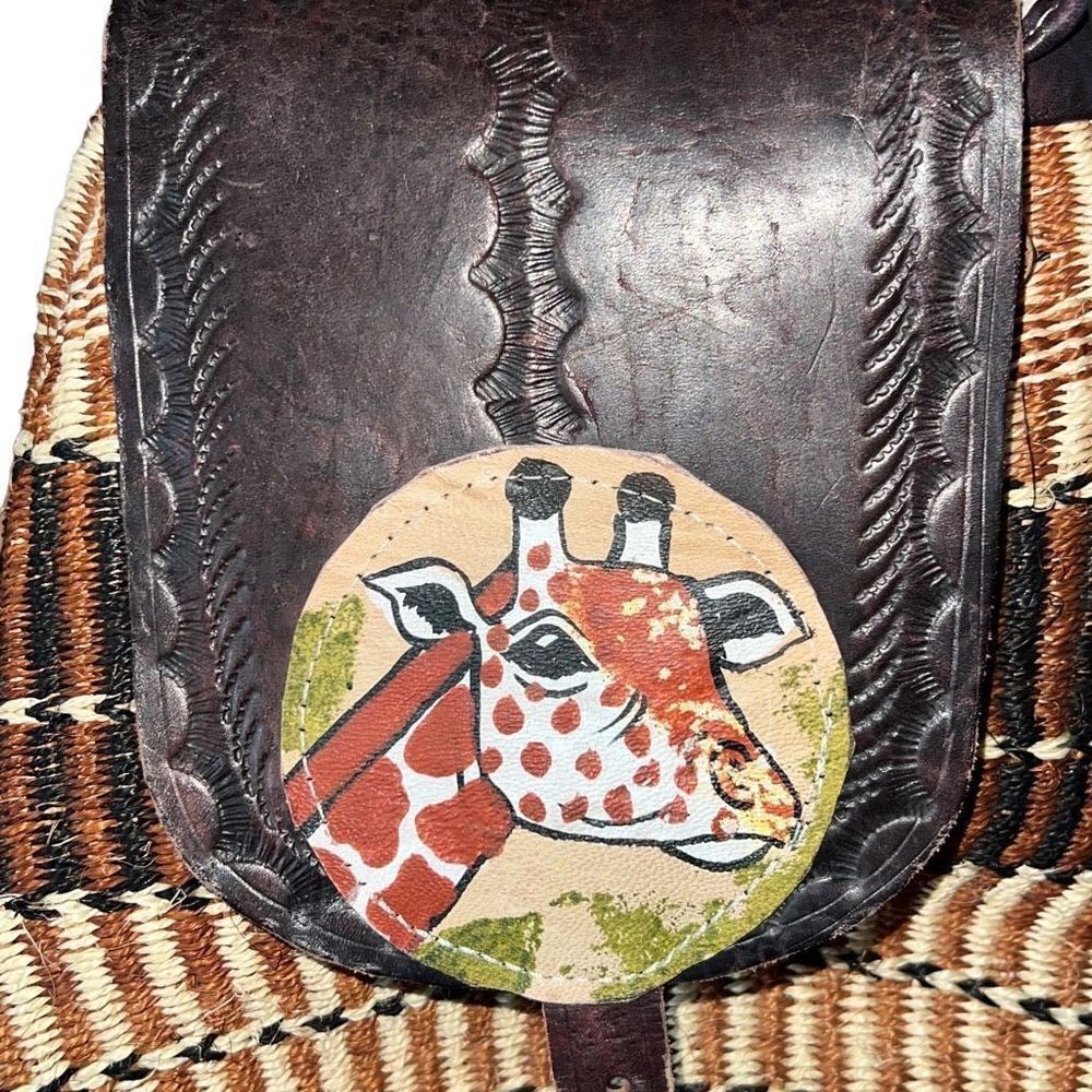 Kenya Artisan Made Sisal Giraffe Themed Colors Durable Flap Safari Backpack Bag - Picture 2 of 6